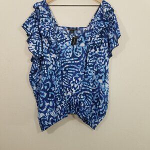 NWT Ashley Stewart Batik Ruffle Sleeve Square Neck Cotton Blend Top Blouse 30/32